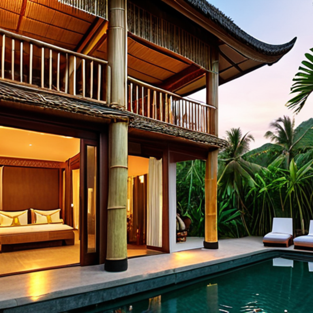 **Lush, bamboo woven luxury hotel exterior in Koh Samui at sunset. Soft light, zen atmosphere, integrating traditional craftsmanship.**