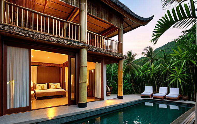 **Lush, bamboo woven luxury hotel exterior in Koh Samui at sunset. Soft light, zen atmosphere, integrating traditional craftsmanship.**