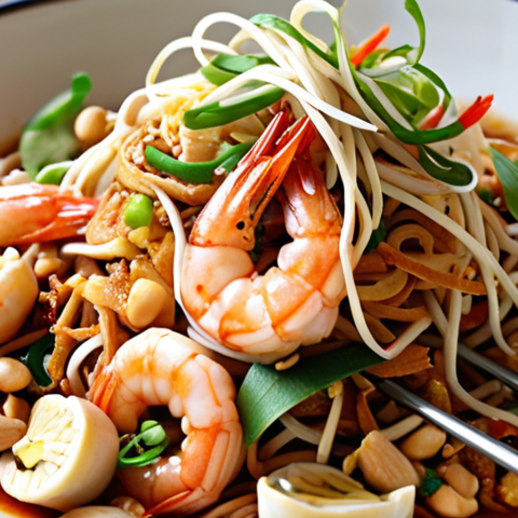 **A colorful and vibrant Pad Thai dish with a close-up view, highlighting the noodles, peanuts, shrimp, and bean sprouts. Emphasize the visual appeal but also subtly suggest portion control.**