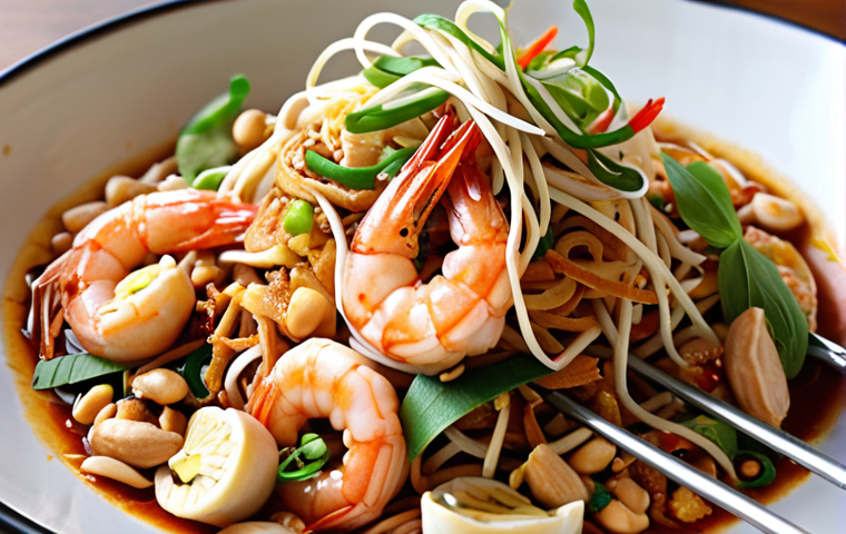 **A colorful and vibrant Pad Thai dish with a close-up view, highlighting the noodles, peanuts, shrimp, and bean sprouts. Emphasize the visual appeal but also subtly suggest portion control.**
