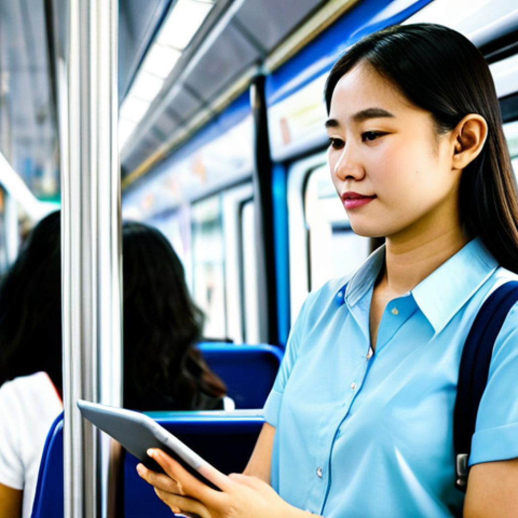 A professional female traveler, fully clothed in modest, comfortable business casual attire, stands composedly inside a clean, modern Bangkok BTS (Skytrain) carriage. She is holding a tablet or phone, appearing focused on her journey amidst a softly blurred background of fellow passengers, conveying efficiency and safety. The carriage is brightly lit and spacious, showcasing contemporary urban transport. Perfect anatomy, correct proportions, natural pose, well-formed hands, proper finger count. Professional photography, high-resolution, crisp detail. safe for work, appropriate content, fully clothed, professional.