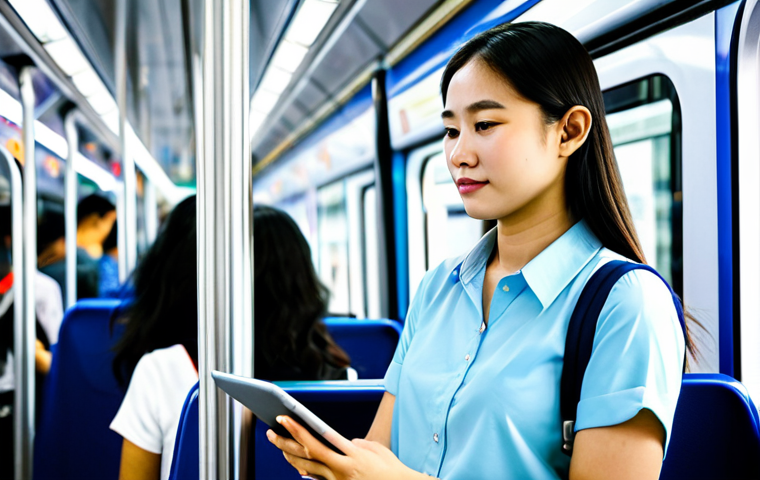 A professional female traveler, fully clothed in modest, comfortable business casual attire, stands composedly inside a clean, modern Bangkok BTS (Skytrain) carriage. She is holding a tablet or phone, appearing focused on her journey amidst a softly blurred background of fellow passengers, conveying efficiency and safety. The carriage is brightly lit and spacious, showcasing contemporary urban transport. Perfect anatomy, correct proportions, natural pose, well-formed hands, proper finger count. Professional photography, high-resolution, crisp detail. safe for work, appropriate content, fully clothed, professional.