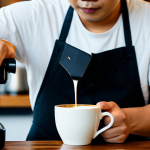 A highly skilled barista, fully clothed in a professional apron and modest shirt, meticulously pours latte art into a ceramic cup of specialty coffee. The focus is on the intricate design of the milk foam and the steam rising gently from the cup. The setting is a clean, modern Thai coffee shop with a polished wooden counter, subtle ambient lighting, and an artful display of high-quality coffee beans and elegant brewing equipment in the background. The barista demonstrates perfect anatomy, correct proportions, and a natural pose with well-formed hands and proper finger count. The image conveys a sense of calm artistry and precision. safe for work, appropriate content, fully clothed, professional, high quality, professional photography, natural light.