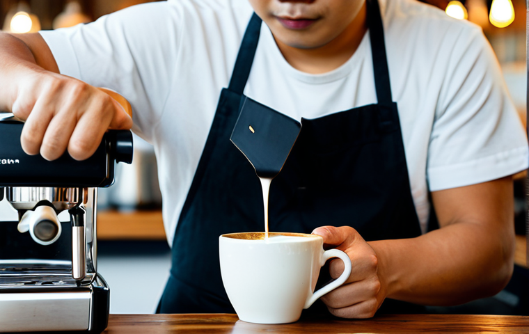 A highly skilled barista, fully clothed in a professional apron and modest shirt, meticulously pours latte art into a ceramic cup of specialty coffee. The focus is on the intricate design of the milk foam and the steam rising gently from the cup. The setting is a clean, modern Thai coffee shop with a polished wooden counter, subtle ambient lighting, and an artful display of high-quality coffee beans and elegant brewing equipment in the background. The barista demonstrates perfect anatomy, correct proportions, and a natural pose with well-formed hands and proper finger count. The image conveys a sense of calm artistry and precision. safe for work, appropriate content, fully clothed, professional, high quality, professional photography, natural light.