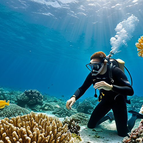 A professional marine biologist, fully clothed in a modest, full-body dive suit, mask, and fins, gently observing and documenting a healthy coral reef. The diver holds an underwater slate, meticulously recording observations. The vibrant reef is teeming with diverse, colorful fish and healthy coral formations. Clear, calm turquoise water with natural, soft sunlight filtering from above. The scene emphasizes scientific study and conservation efforts, showcasing responsible interaction with marine life. Perfect anatomy, correct proportions, natural pose, well-formed hands, proper finger count. Professional photography, high resolution, detailed, safe for work, appropriate content, fully clothed, professional, modest clothing.