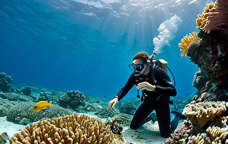 A professional marine biologist, fully clothed in a modest, full-body dive suit, mask, and fins, gently observing and documenting a healthy coral reef. The diver holds an underwater slate, meticulously recording observations. The vibrant reef is teeming with diverse, colorful fish and healthy coral formations. Clear, calm turquoise water with natural, soft sunlight filtering from above. The scene emphasizes scientific study and conservation efforts, showcasing responsible interaction with marine life. Perfect anatomy, correct proportions, natural pose, well-formed hands, proper finger count. Professional photography, high resolution, detailed, safe for work, appropriate content, fully clothed, professional, modest clothing.
