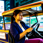 A professional-looking female traveler in her 30s, wearing modest, comfortable casual attire, is seated comfortably inside a traditional Thai tuk-tuk. The tuk-tuk is vibrant and colorful, in motion on a bustling street in Bangkok at night. Blurred city lights, the reflections of street signs, and other vehicles create a dynamic urban background. The traveler has a calm, natural expression, looking out at the city. fully clothed, appropriate attire, safe for work, family-friendly, perfect anatomy, correct proportions, well-formed hands, proper finger count, natural body proportions, professional photography, high quality.