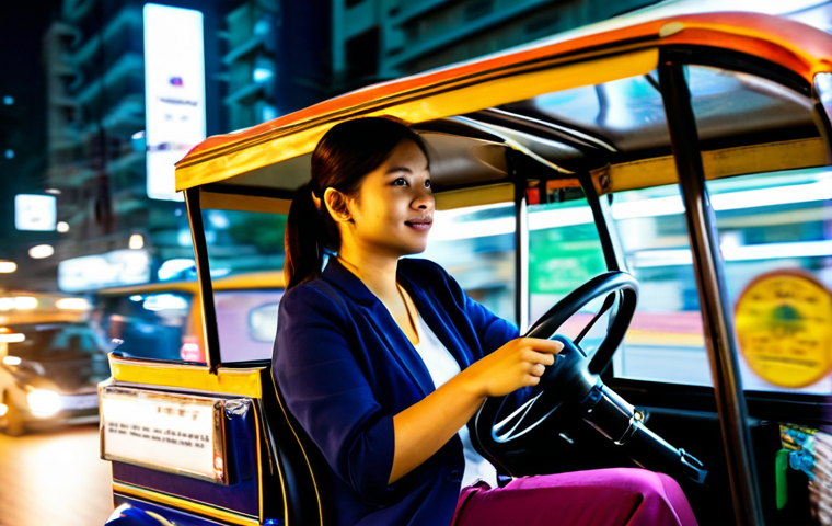 A professional-looking female traveler in her 30s, wearing modest, comfortable casual attire, is seated comfortably inside a traditional Thai tuk-tuk. The tuk-tuk is vibrant and colorful, in motion on a bustling street in Bangkok at night. Blurred city lights, the reflections of street signs, and other vehicles create a dynamic urban background. The traveler has a calm, natural expression, looking out at the city. fully clothed, appropriate attire, safe for work, family-friendly, perfect anatomy, correct proportions, well-formed hands, proper finger count, natural body proportions, professional photography, high quality.