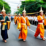 A diverse group of joyful Thai people, including men, women, and children, fully clothed in vibrant, modest traditional festival attire, participating in a colorful street procession. They are smiling and engaging with the festive atmosphere, some carrying traditional instruments or walking alongside elaborately decorated floats adorned with flowers and shimmering fabrics. The background shows a bustling festival street with more participants and ornate decorations under a bright sky. Perfect anatomy, correct proportions, natural pose, well-formed hands, proper finger count, natural body proportions, safe for work, appropriate content, family-friendly, high quality, professional photography.