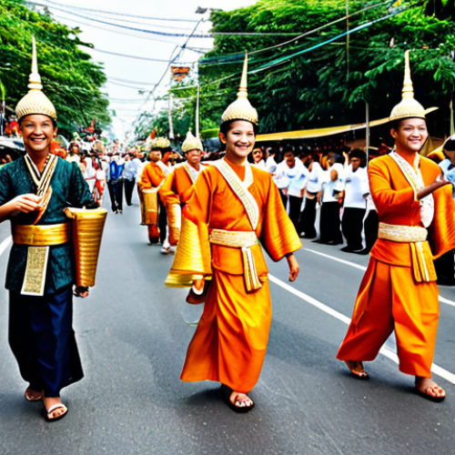 A diverse group of joyful Thai people, including men, women, and children, fully clothed in vibrant, modest traditional festival attire, participating in a colorful street procession. They are smiling and engaging with the festive atmosphere, some carrying traditional instruments or walking alongside elaborately decorated floats adorned with flowers and shimmering fabrics. The background shows a bustling festival street with more participants and ornate decorations under a bright sky. Perfect anatomy, correct proportions, natural pose, well-formed hands, proper finger count, natural body proportions, safe for work, appropriate content, family-friendly, high quality, professional photography.