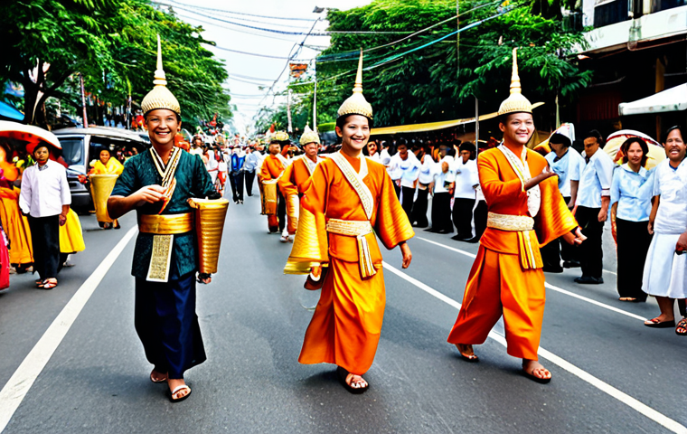 A diverse group of joyful Thai people, including men, women, and children, fully clothed in vibrant, modest traditional festival attire, participating in a colorful street procession. They are smiling and engaging with the festive atmosphere, some carrying traditional instruments or walking alongside elaborately decorated floats adorned with flowers and shimmering fabrics. The background shows a bustling festival street with more participants and ornate decorations under a bright sky. Perfect anatomy, correct proportions, natural pose, well-formed hands, proper finger count, natural body proportions, safe for work, appropriate content, family-friendly, high quality, professional photography.