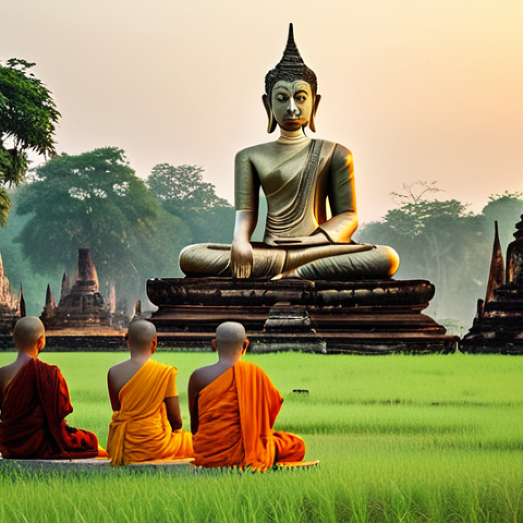 Sukhothai Era**

"Ancient Sukhothai city ruins at sunrise, featuring serene Buddhist temples and statues, fully clothed monks meditating in the foreground, lush green landscape, soft golden light, appropriate attire, safe for work, perfect anatomy, natural proportions, professional photography, high quality, family-friendly."

**
