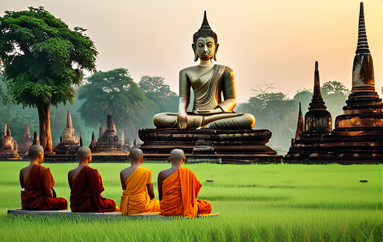 Sukhothai Era**

"Ancient Sukhothai city ruins at sunrise, featuring serene Buddhist temples and statues, fully clothed monks meditating in the foreground, lush green landscape, soft golden light, appropriate attire, safe for work, perfect anatomy, natural proportions, professional photography, high quality, family-friendly."

**