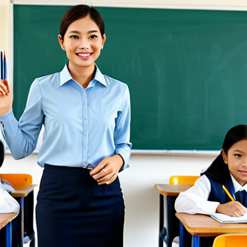 English Teacher**

"A professional English teacher in a classroom in Thailand, fully clothed in modest attire, standing in front of a whiteboard with English lessons, children sitting at desks, safe for work, appropriate content, professional, perfect anatomy, correct proportions, natural pose, family-friendly classroom environment, high quality."

**