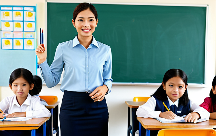English Teacher**

"A professional English teacher in a classroom in Thailand, fully clothed in modest attire, standing in front of a whiteboard with English lessons, children sitting at desks, safe for work, appropriate content, professional, perfect anatomy, correct proportions, natural pose, family-friendly classroom environment, high quality."

**