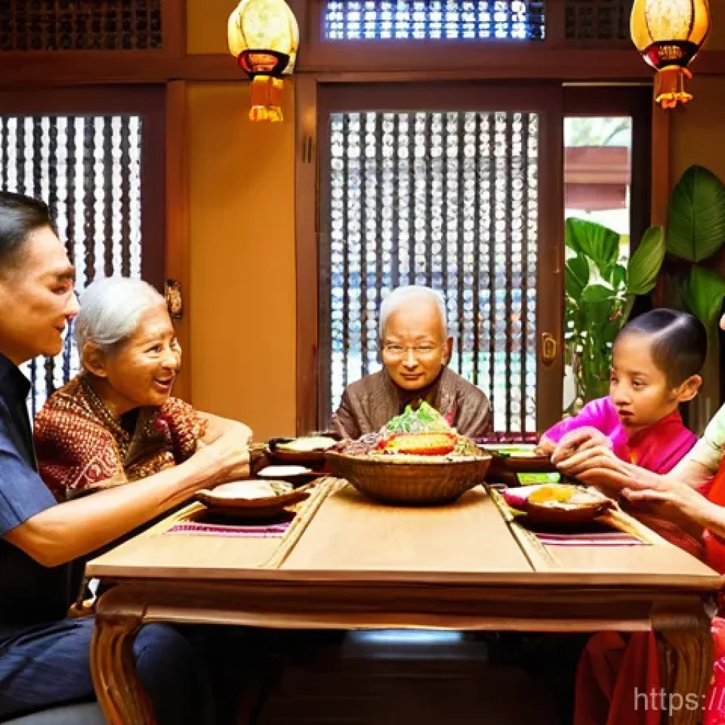 태국의 가족 구조 연구 - **Prompt: A serene and harmonious multi-generational Thai family gathers in a beautifully decorated ...