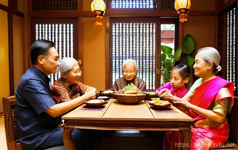 태국의 가족 구조 연구 - **Prompt: A serene and harmonious multi-generational Thai family gathers in a beautifully decorated ...