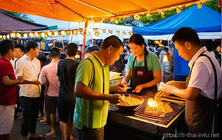 태국 물가 정보 - **Vibrant Thai Night Market Gastronomy:** A bustling, atmospheric night market in Thailand, filled w...