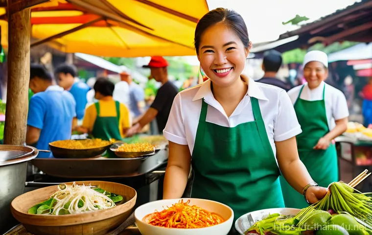 태국의 크루즈 여행 경험 - Image Prompt 1: Bustling Thai Market Culinary Adventure**