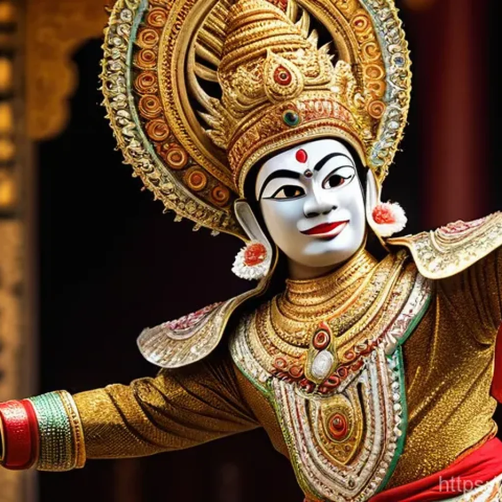 태국의 전통 무대 예술 - **A majestic Khon masked dancer in full, intricately detailed traditional costume.** The dancer is m...