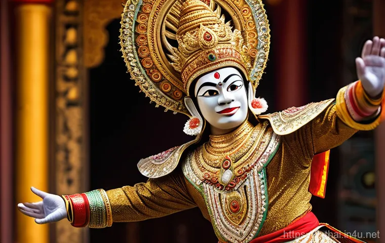 태국의 전통 무대 예술 - **A majestic Khon masked dancer in full, intricately detailed traditional costume.** The dancer is m...