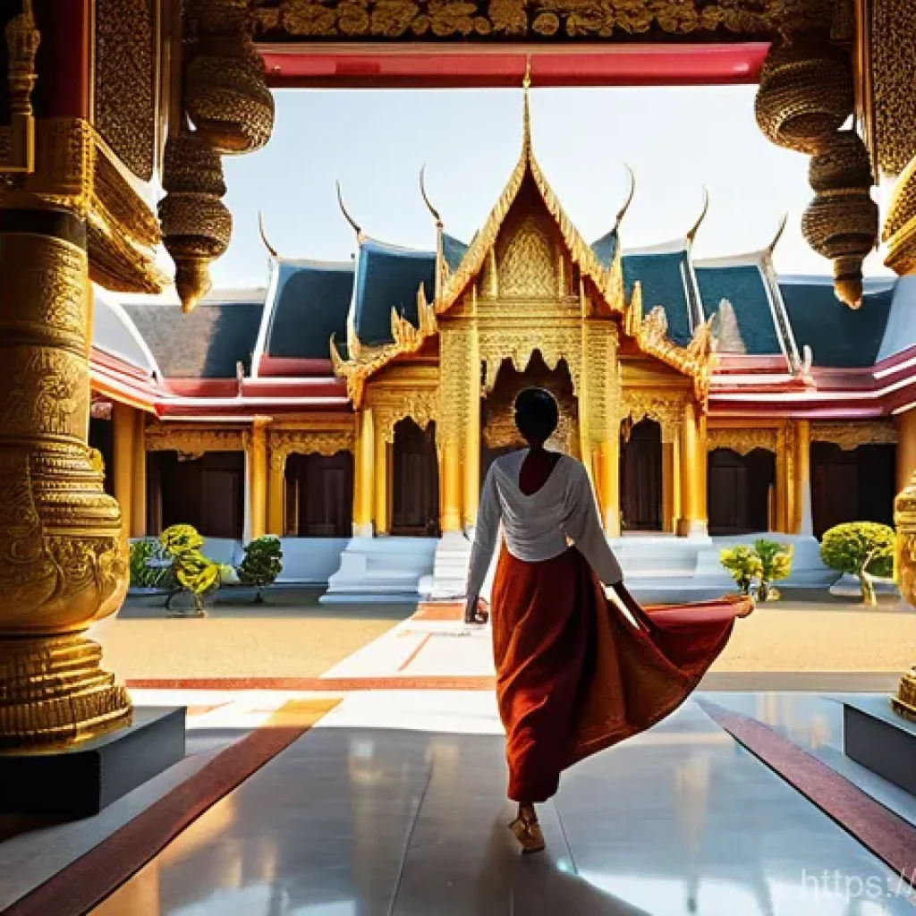 태국에서 사원 방문 규칙 - **Prompt:** A female tourist gracefully entering the main hall of a magnificent Thai temple, adorned...