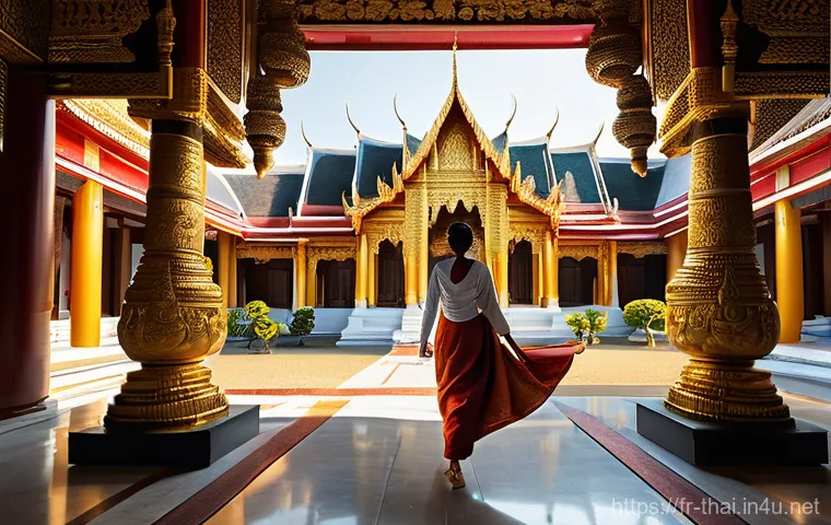 태국에서 사원 방문 규칙 - **Prompt:** A female tourist gracefully entering the main hall of a magnificent Thai temple, adorned...