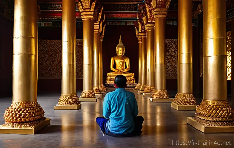 태국에서 사원 방문 규칙 - **Prompt:** A female tourist gracefully entering the main hall of a magnificent Thai temple, adorned...