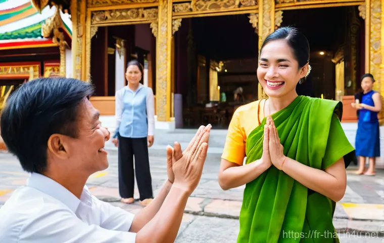 태국에서 사원 방문 규칙 - **Prompt:** Inside a sacred Thai temple's main *viharn*, a person is seated on the floor with their ...