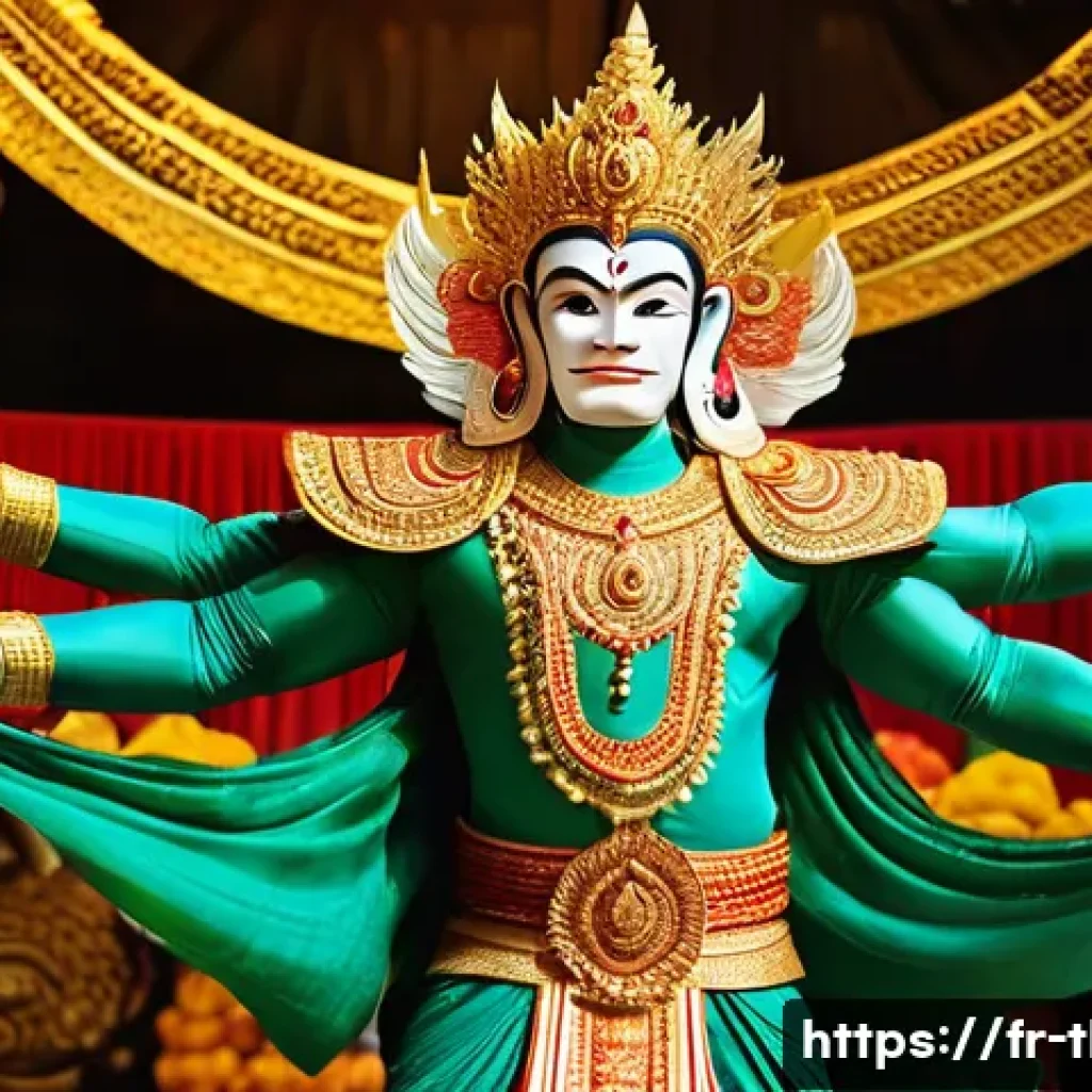 태국 전통 춤 종류 - **Prompt: Khon Performance: The Epic of Ramakien**
    "A captivating image of a traditional Thai Kh...
