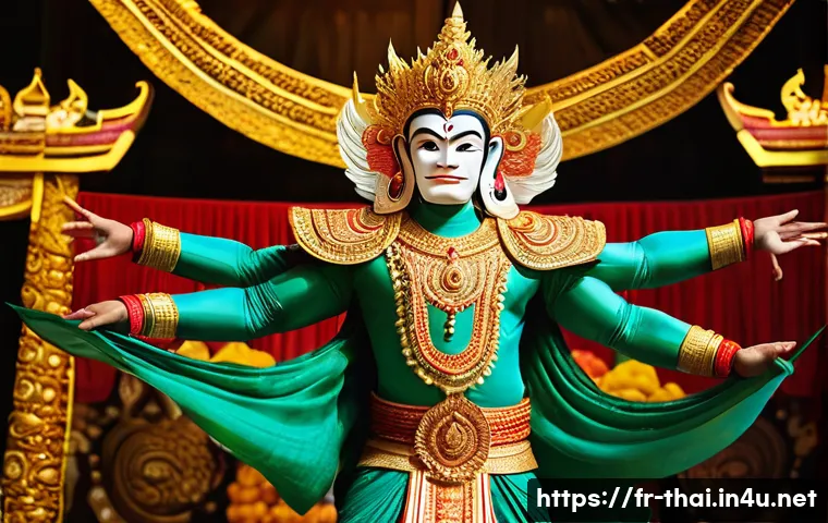 태국 전통 춤 종류 - **Prompt: Khon Performance: The Epic of Ramakien**
    "A captivating image of a traditional Thai Kh...