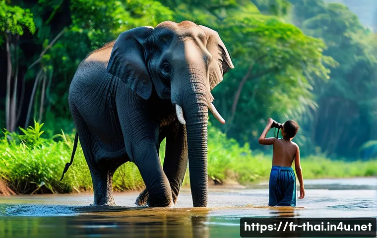 태국의 야생 생태 보호 - **Prompt: Ethical Elephant Sanctuary Observation**
    "A heartwarming scene at an ethical elephant ...