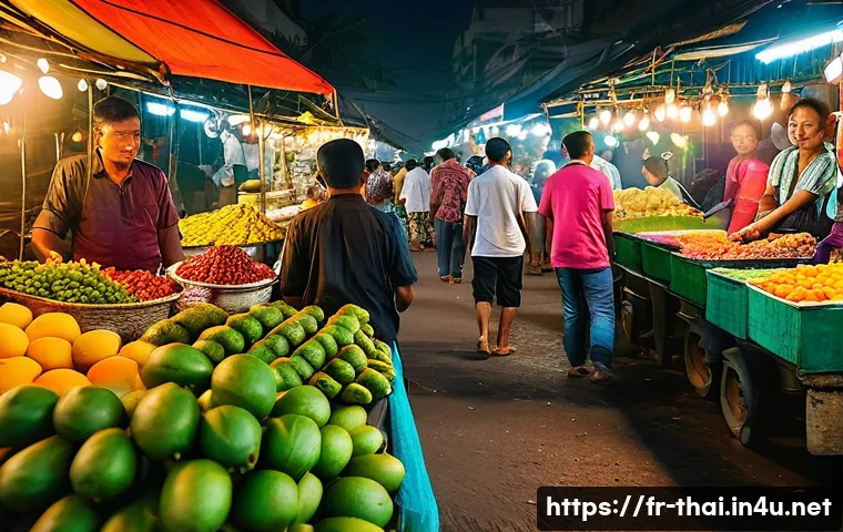 태국 전통 음식 - **Vibrant Thai Street Food Market Scene:** A bustling and colorful Thai street food market at dusk. ...