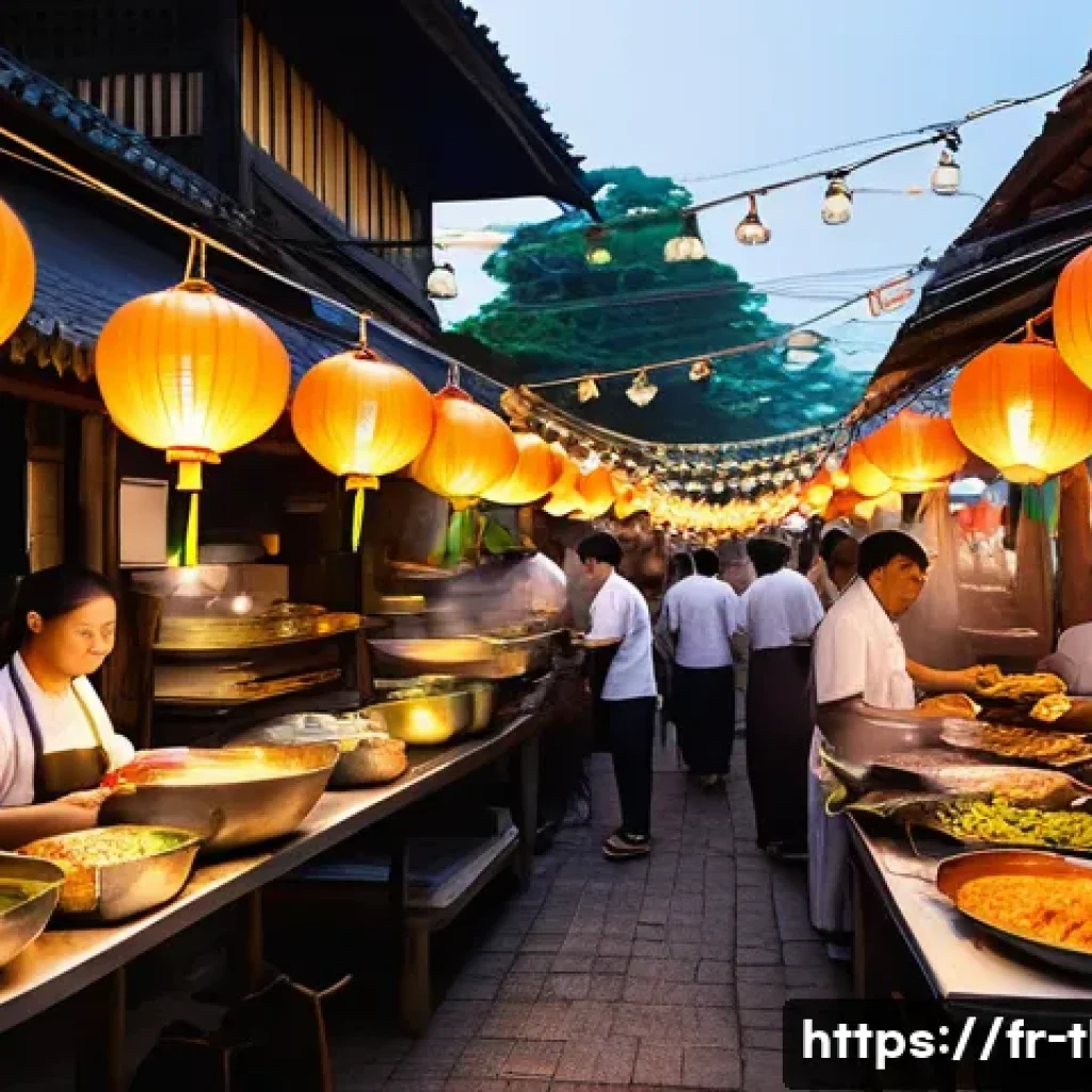 태국의 미식 축제 - **Prompt:** A vibrant and bustling Thai culinary festival scene at twilight. Numerous food stalls ar...
