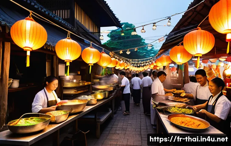 태국의 미식 축제 - **Prompt:** A vibrant and bustling Thai culinary festival scene at twilight. Numerous food stalls ar...