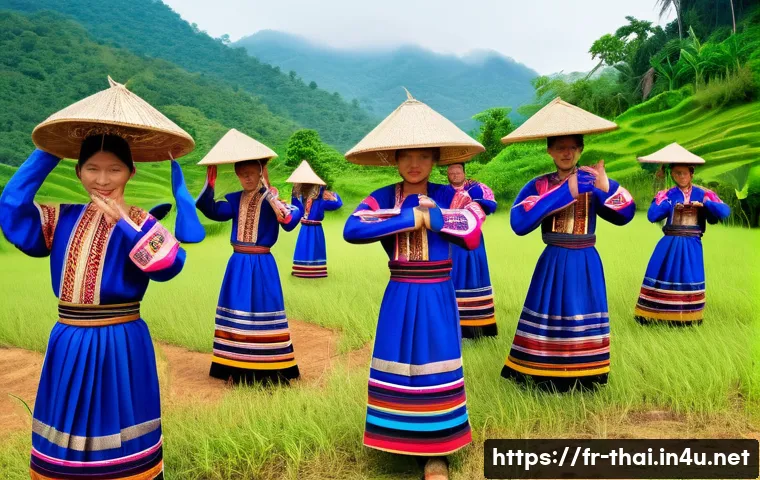 태국의 문화적 다변성 - A vibrant scene of a traditional Karen New Year celebration in Northwest Thailand, featuring a group...