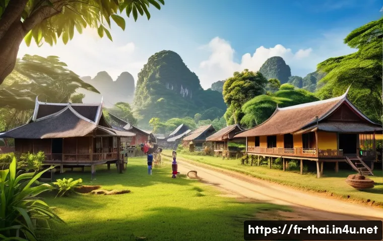 태국 내 소셜 미디어 사용 경향 - A vibrant scene of a Thai rural community using Facebook on smartphones and laptops, with diverse ag...