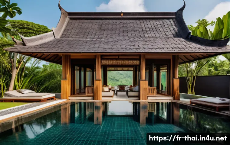 태국의 현대식 리조트 디자인 - A luxurious Thai resort exterior blending traditional and modern architecture, featuring intricate c...