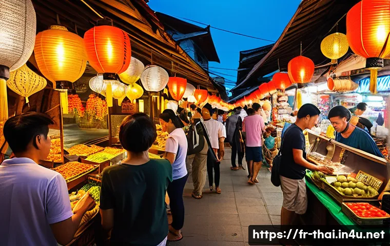 태국에서 신용카드 사용하기 - A vibrant street market scene in Thailand, showing a diverse group of tourists and locals interactin...
