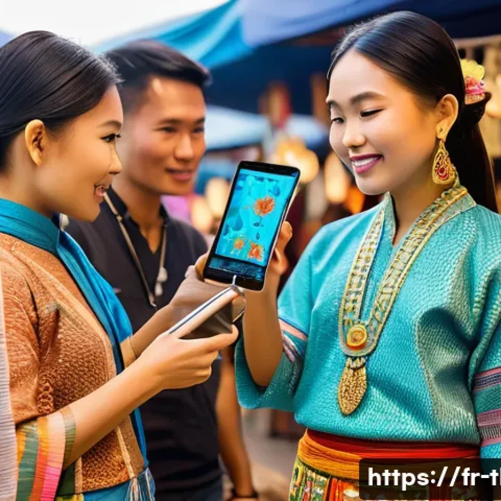 태국의 글로벌 마케팅 전략 - A vibrant Thai cultural market scene blending tradition and modernity, showcasing local artisans sel...