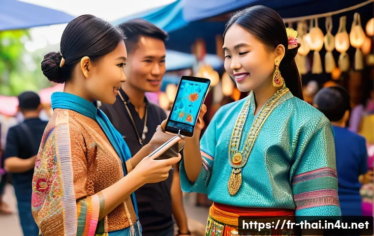 태국의 글로벌 마케팅 전략 - A vibrant Thai cultural market scene blending tradition and modernity, showcasing local artisans sel...