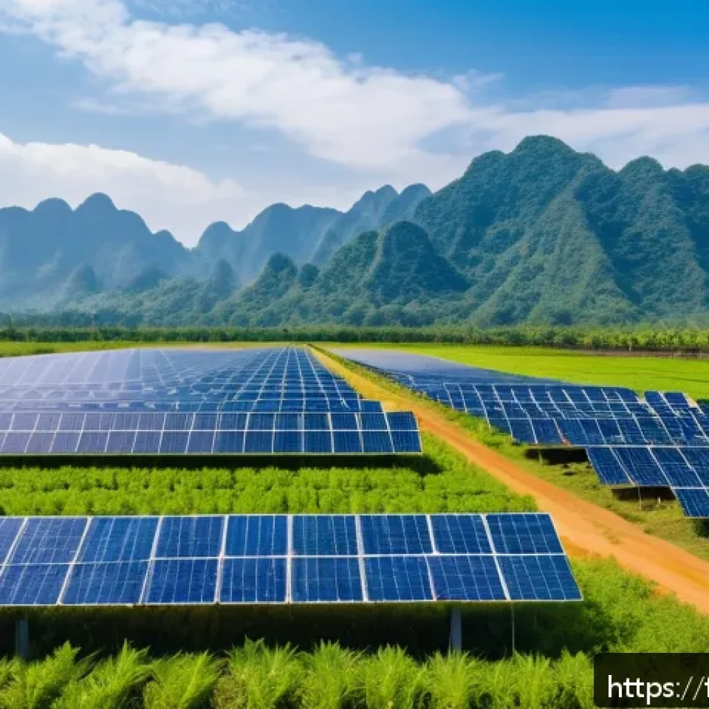 태국의 전력 공급 현황 - A modern solar farm in Northeast Thailand under a bright blue sky, featuring rows of sleek photovolt...