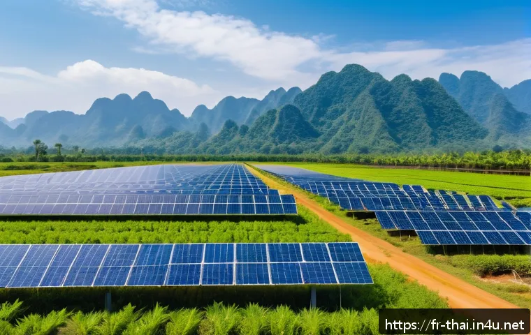 태국의 전력 공급 현황 - A modern solar farm in Northeast Thailand under a bright blue sky, featuring rows of sleek photovolt...