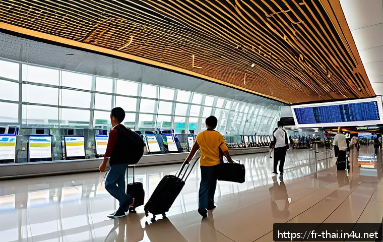 태국의 글로벌 관광객 수 - A vibrant scene of a modern Thai airport terminal bustling with international travelers, featuring s...