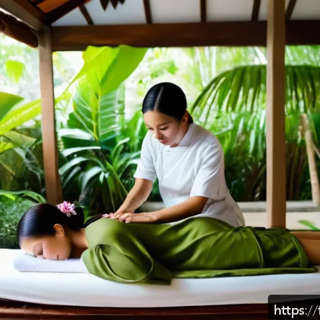 태국의 건강 및 웰니스 산업 - A serene traditional Thai massage scene set in a lush tropical spa garden in Phuket, featuring a pro...