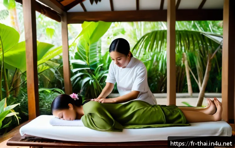 태국의 건강 및 웰니스 산업 - A serene traditional Thai massage scene set in a lush tropical spa garden in Phuket, featuring a pro...