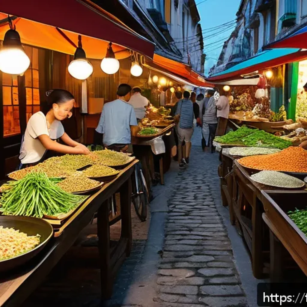 태국식 요리의 특징 - A vibrant Thai street food market scene at dusk in France, showcasing colorful stalls filled with fr...