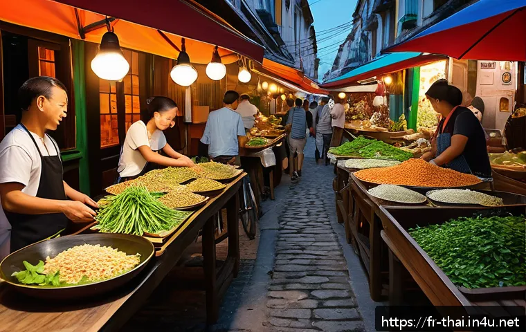 태국식 요리의 특징 - A vibrant Thai street food market scene at dusk in France, showcasing colorful stalls filled with fr...