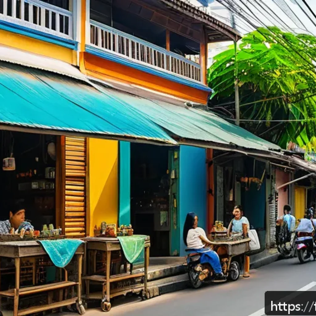 방콕 여행 루트 - A narrow, atmospheric alley in the Talad Noi neighborhood of Bangkok, featuring vibrant, colorful mu...