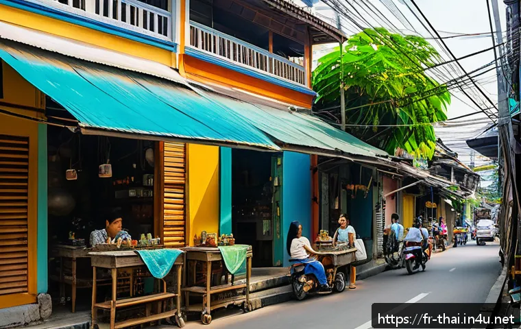 방콕 여행 루트 - A narrow, atmospheric alley in the Talad Noi neighborhood of Bangkok, featuring vibrant, colorful mu...